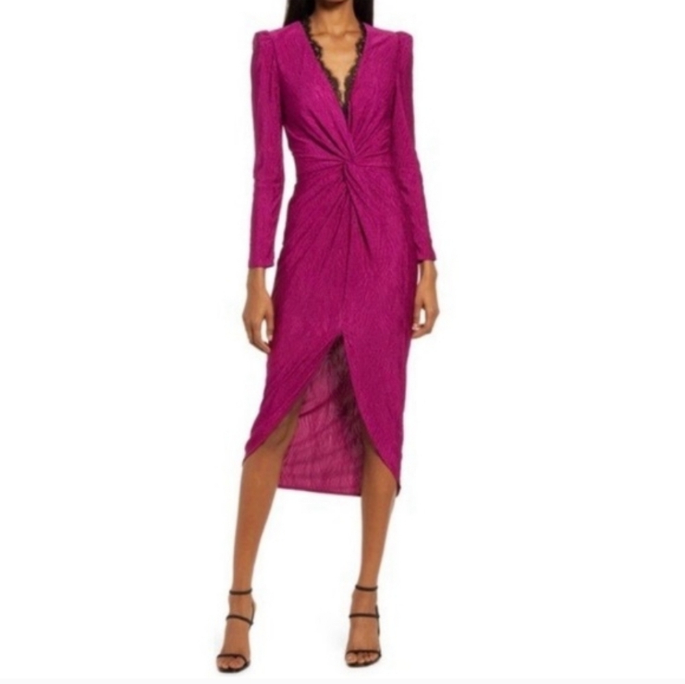 SAYLOR Kiersey Magenta Twist Front Long Sleeve Midi Dress Lace V-Neck XS New